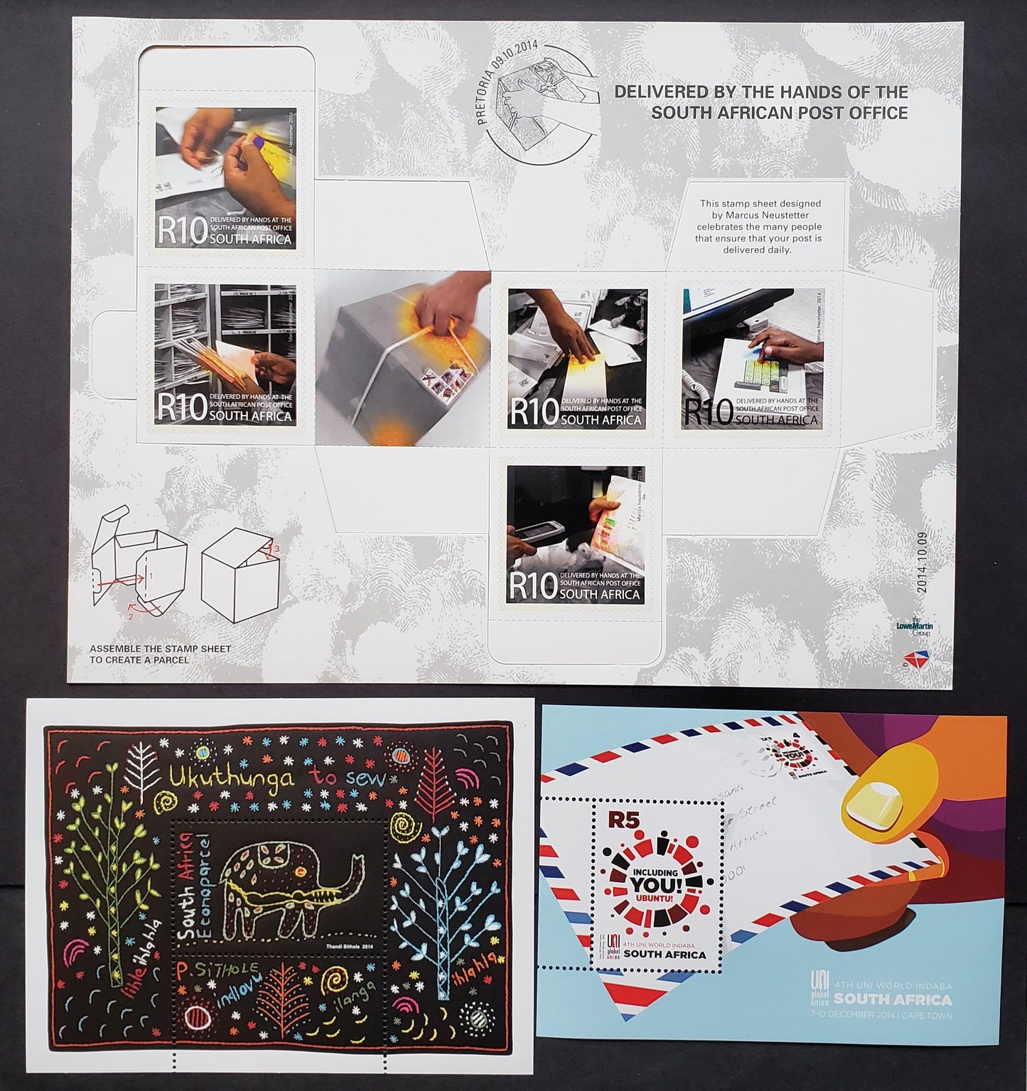 Lot 167 South Africa SC#1522/1541 2014 Tunga Embroidery Studio / UNI Global Union World Congress Issues, 2 VFNH Souvenir Sheets And Sheet Of 5, Click on Listing to See ALL Pictures, 2017 Scott Classic Cat. $13.85