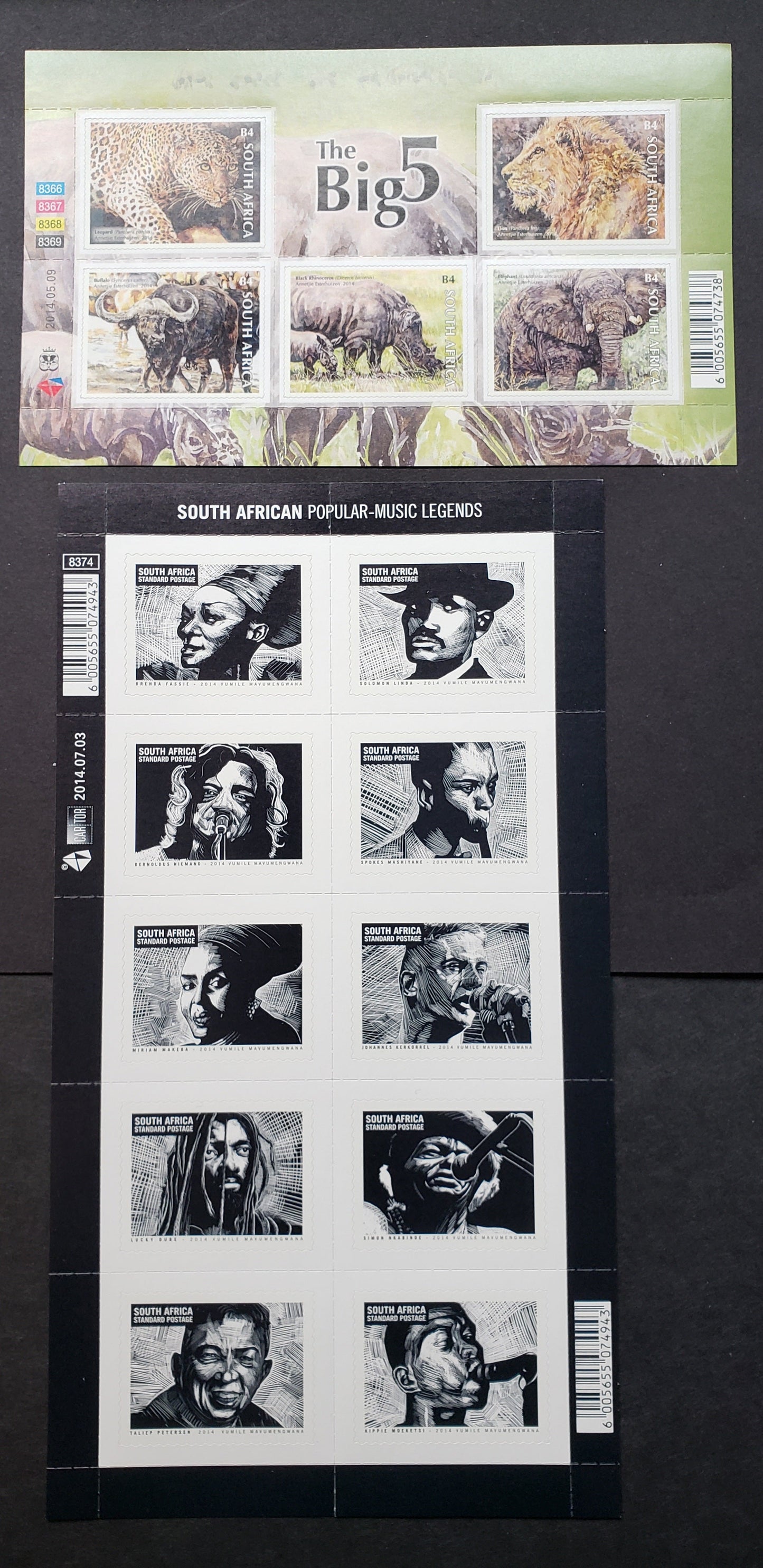 Lot 168 South Africa SC#1521/1524 2014 Big Game Animals / Popular Musicians Issues, A VFNH Sheet Of 5 And A Sheet Of 10, Click on Listing to See ALL Pictures, 2017 Scott Classic Cat. $13