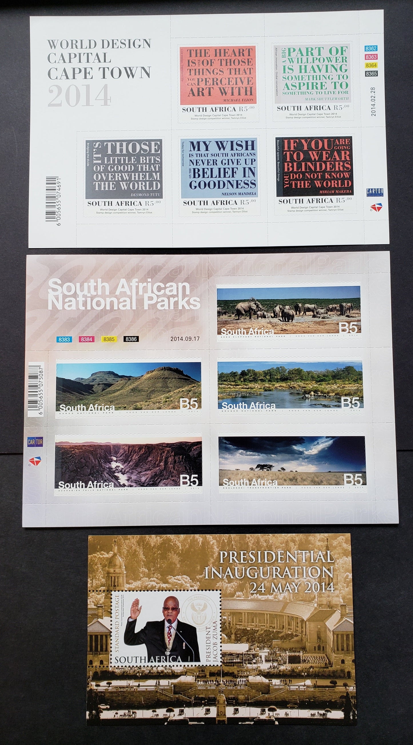 Lot 170 South Africa SC#1520/1529 2014 World Design Capital Cape Town / Second Inauguration Of Pres. Zuma Issues, 2 VFNH Sheets Of 5 And 1 Souvenir Sheet, Click on Listing to See ALL Pictures, 2017 Scott Classic Cat. $10.8