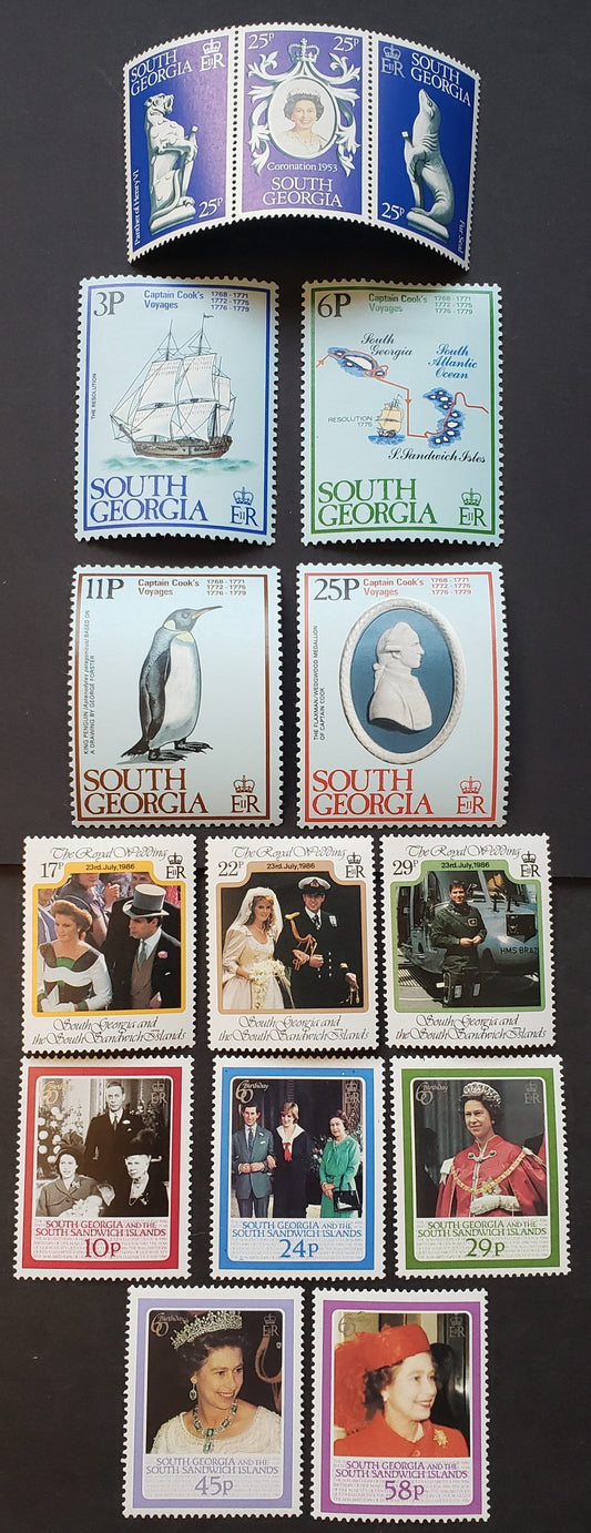 Lot 177 South Georgia SC#51a-51c/108 1978-1986 Elizabeth II Coronation / Wedding Of Prince Andrew And Sarah Ferguson Issues, 12 OG & VFNH Singles And 1 Strip Of 3, Click on Listing to See ALL Pictures, 2017 Scott Classic Cat. $17.25