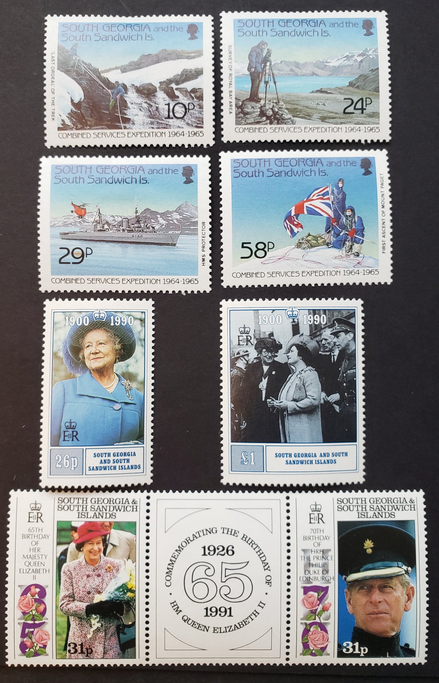 Lot 181 South Georgia SC#139/150a 1989 Combined Services Expedition / Elizabeth And Philip Birthdays Issues, 6 VFOG & NH Singles And 1 Pair+ Label, Click on Listing to See ALL Pictures, 2017 Scott Classic Cat. $18.3