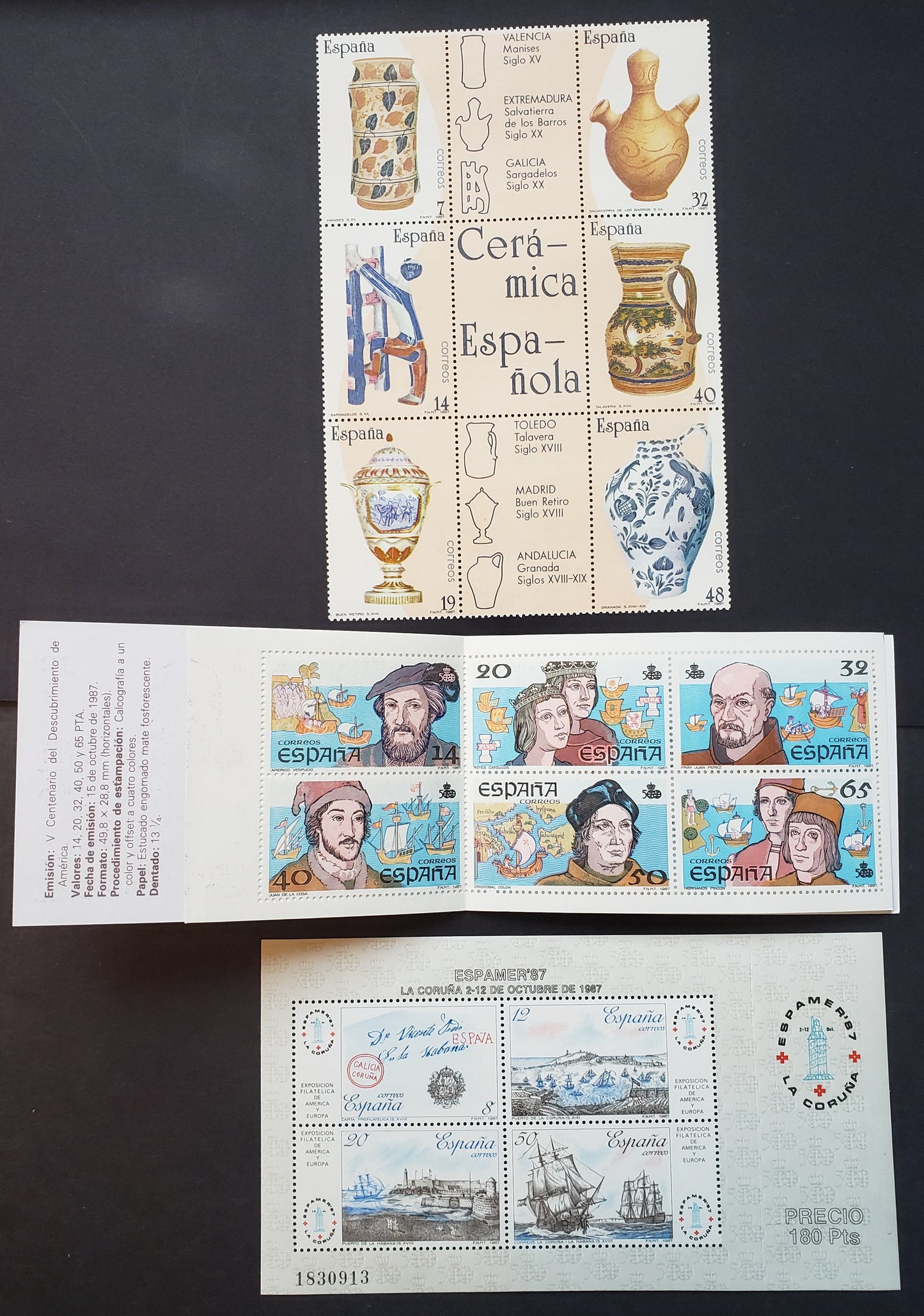 Lot 183 Spain SC#2513/2536a 1987 Ceramicware / Discovery Of America Issues, A VFOG & NH Booklet Of 6, Sheet Of 6 + Labels And A Sheet Of 4, Click on Listing to See ALL Pictures, 2017 Scott Classic Cat. $8.5