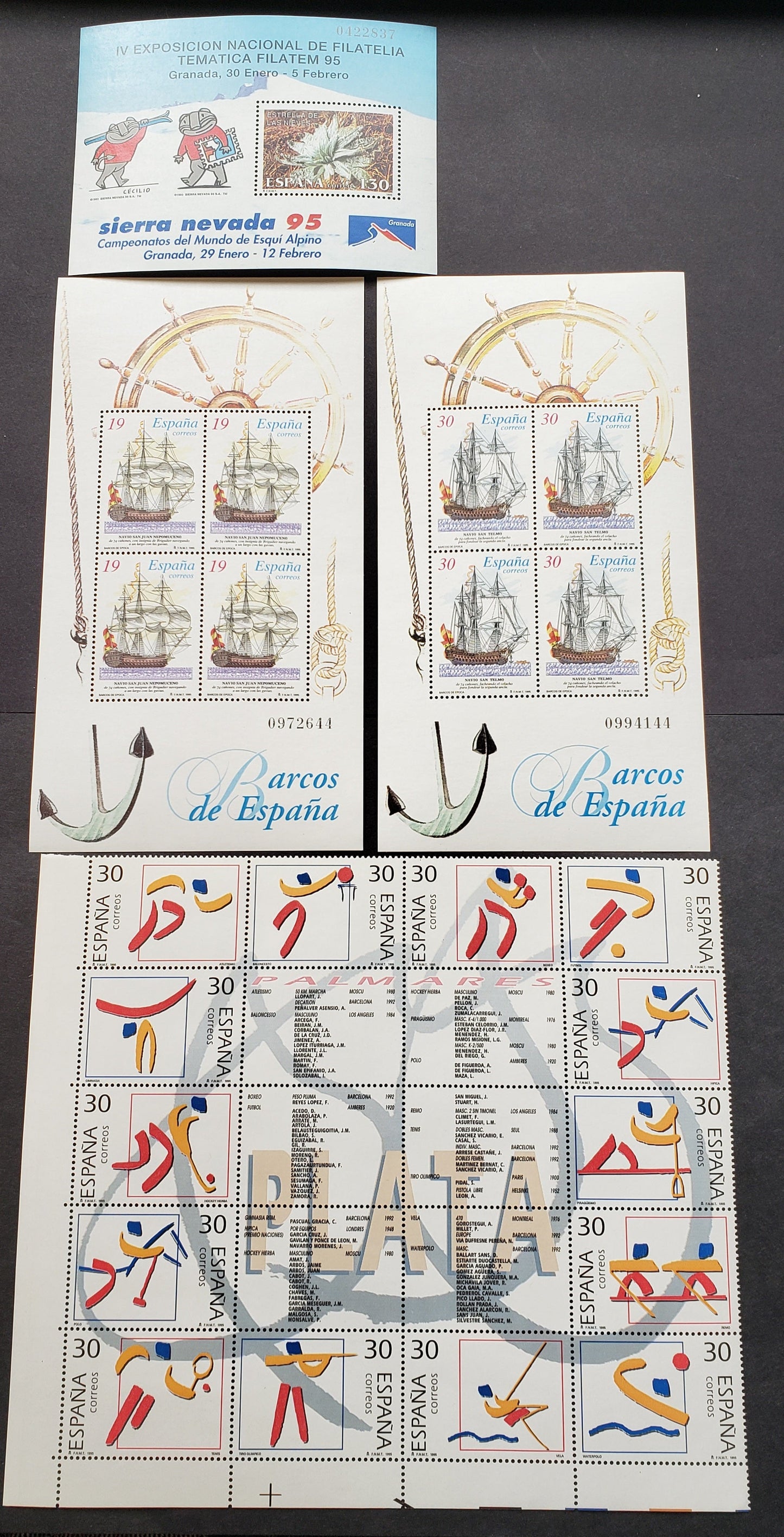 Lot 191 Spain SC#2802/2822 1995 Sierra Nevada'95 / Olympic Venue Issues, 2 VFNH Sheets Of 4, A Sheet Of 14+Labels And A Souvenir Sheet, Click on Listing to See ALL Pictures, 2017 Scott Classic Cat. $12