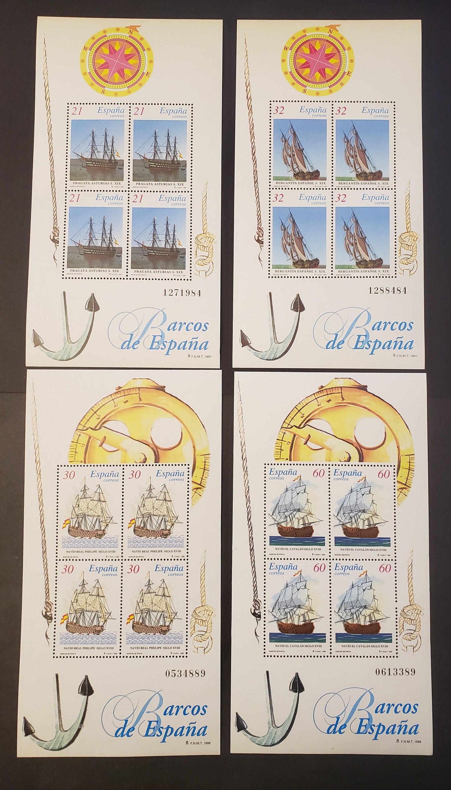 Lot 199 Spain SC#2847a/2885a 1996-1997 Sailing Issshes, 4 VFNH Sheets Of 4, Click on Listing to See ALL Pictures, 2017 Scott Classic Cat. $11.5