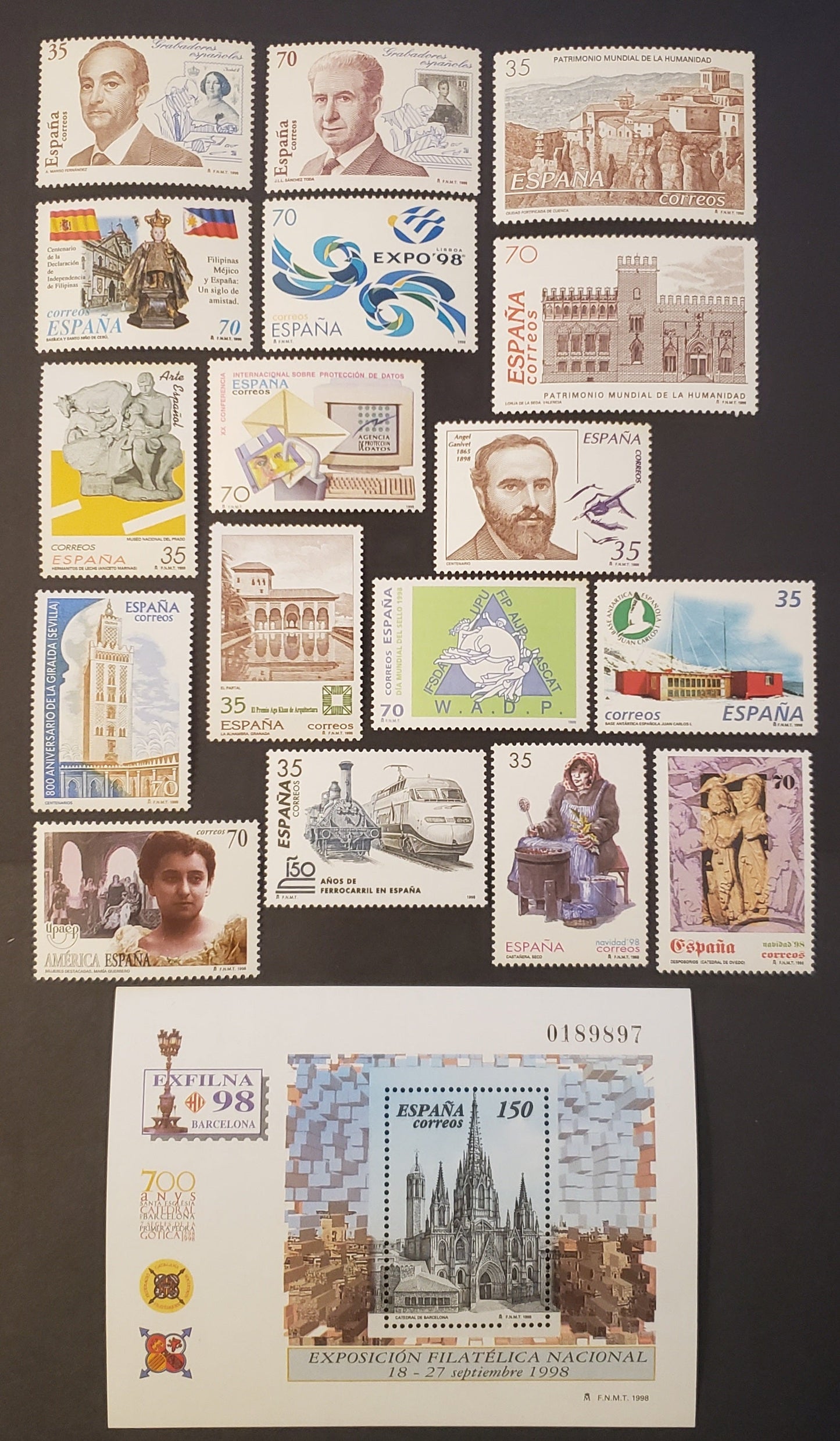 Lot 205 Spain SC#2947/2965 1998 Spanish Stamp Engravers / Christmas Issues, 17 VFNH Singles And 1 Souvenir Sheet, Click on Listing to See ALL Pictures, 2017 Scott Classic Cat. $15.95