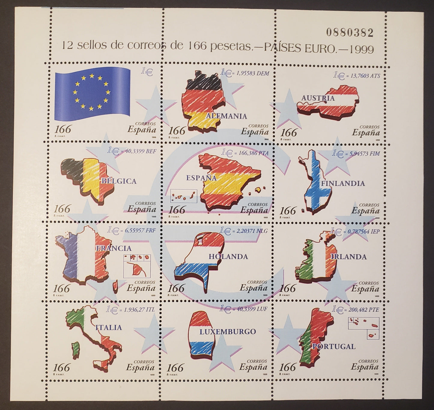 Lot 209 Spain SC#2995 1999 Introduction Of The Euro Issue, A VFNH Sheet Of 12, Click on Listing to See ALL Pictures, 2017 Scott Classic Cat. $35