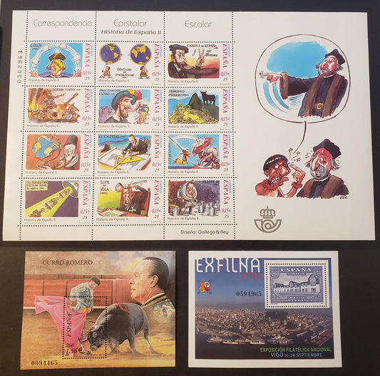 Lot 219 Spain SC#3117/3122 2001 Exfilna 2001 / Bullfighter Curro Romero Issues, 2 VFNH Souvenir Sheets And A Sheet Of 12, Click on Listing to See ALL Pictures, 2017 Scott Classic Cat. $13.25