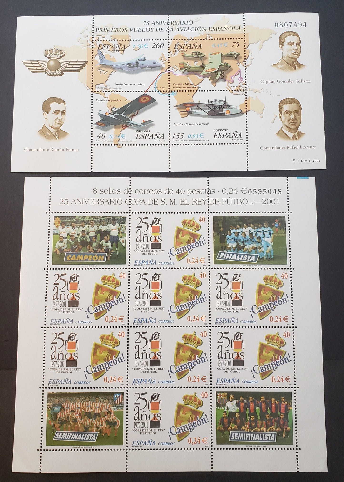 Lot 227 Spain SC#3091/3106 2001 First Flight / King's Soccer Cup Issues, A VFNH Sheet Of 4 And A Sheet Of 8 + 4 Labels, Click on Listing to See ALL Pictures, 2017 Scott Classic Cat. $12.8