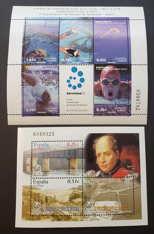 Lot 228 Spain SC#3206/3221 2003 School Of Civil Engineering / World Swimming Championships Issues, A VFNH Sheet Of 5+ Label And A Sheet Of 3, Click on Listing to See ALL Pictures, 2017 Scott Classic Cat. $17