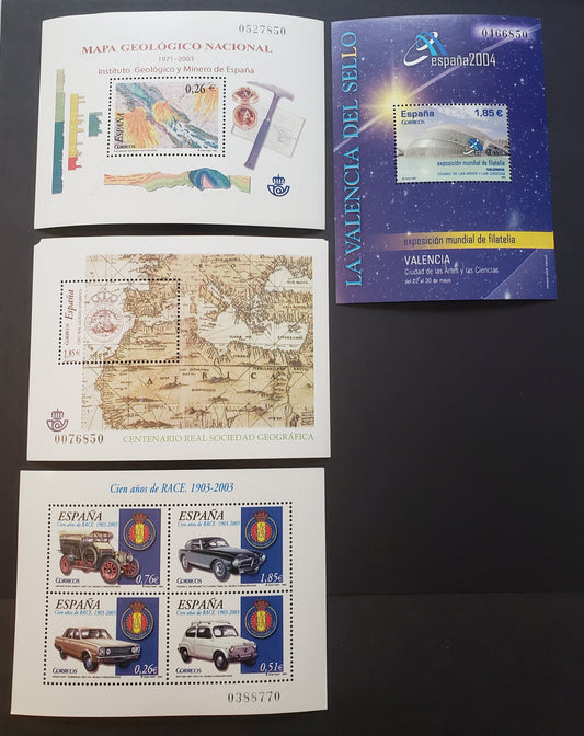 Lot 229 Spain SC#3226/3259 2003 Royal Automobile Club Of Spain / Completion Of National Geological Map Issues, 4 VFNH Souvenir Sheets, Click on Listing to See ALL Pictures, 2017 Scott Classic Cat. $17.65