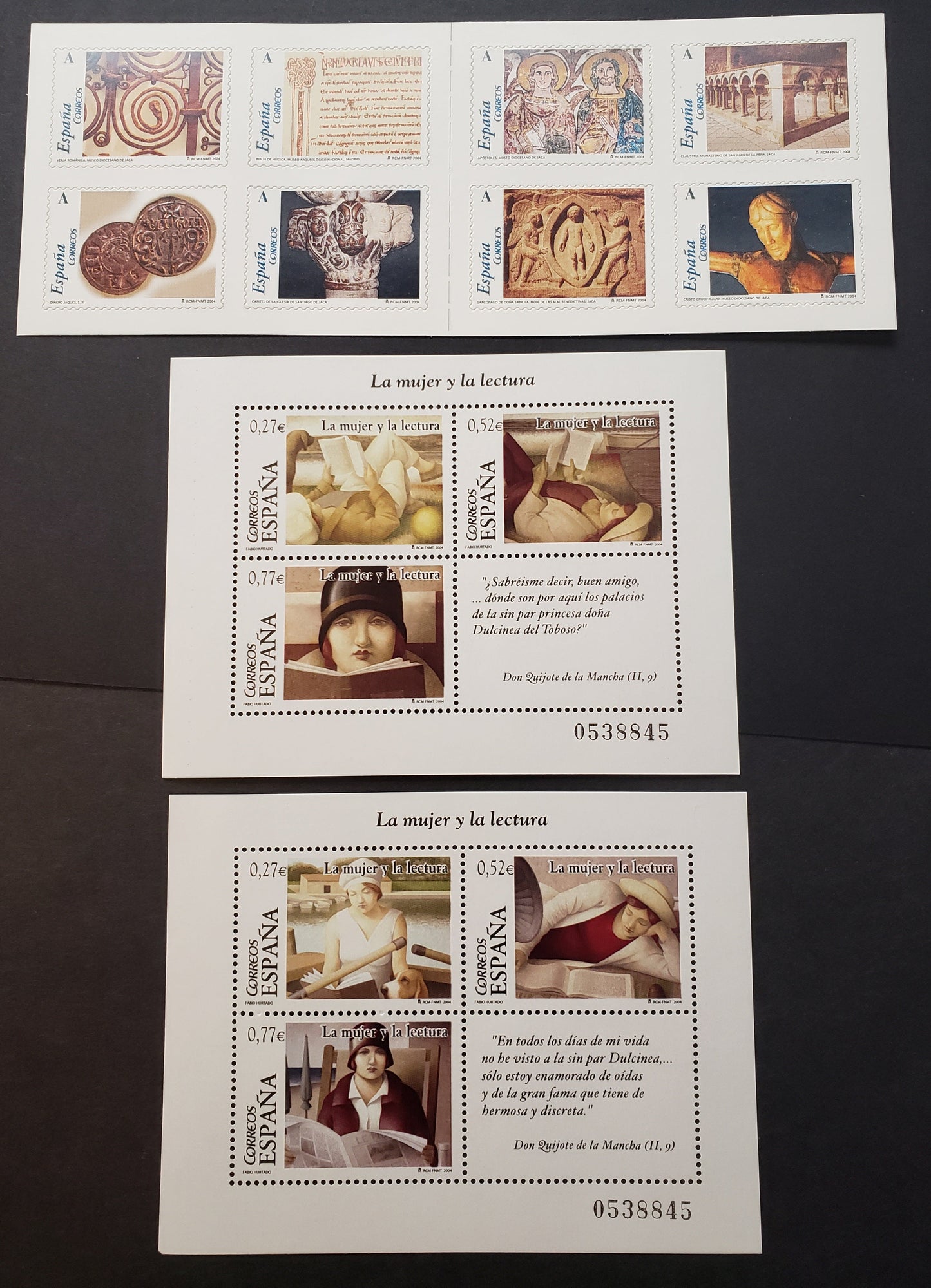 Lot 236 Spain SC#3275/3277 2004 Roman Art Of Jaca / Paintings Of Women Reading Issues, 2 VFNH Sheets Of 4 And A Booklet Of 8, Click on Listing to See ALL Pictures, 2017 Scott Classic Cat. $13.75