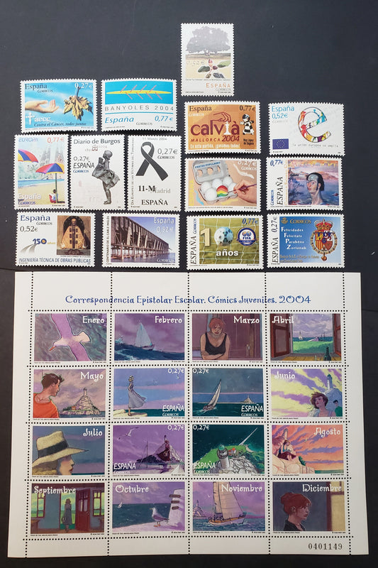 Lot 237 Spain SC#3278/3296 2004 Campaign Against Cancer / Wedding Of Prince Felipe Issues, 14 VFNH Singles And A Sheet Of 4 + 12 Labels, Click on Listing to See ALL Pictures, 2017 Scott Classic Cat. $20.7