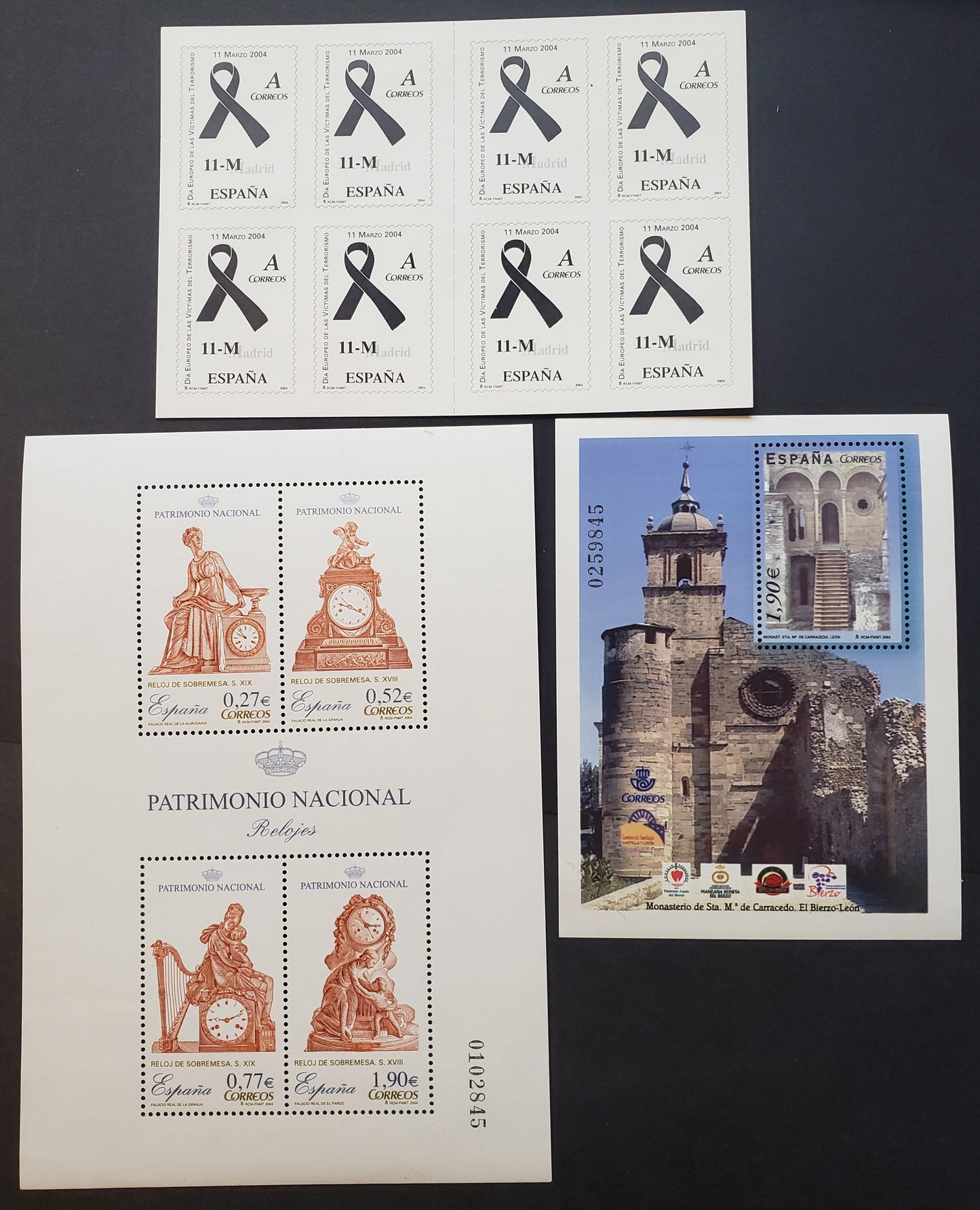 Lot 238 Spain SC#3282/3286a 2004 Santa Maria de Carracedo Monastery / March 11, 2004 Terrorist Attacks Issues, A VFNH Sheet Of 1 And 4, And A Booklet Pane Of 8, Click on Listing to See ALL Pictures, 2017 Scott Classic Cat. $18.5