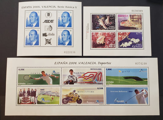 Lot 243 Spain SC#3272a/3300 2004 King Juan Carlos / Espana 2004 Intl. Exhibition Issues, 2 VFNH Sheets Of 4 And A Sheet Of 3 + Labels, Click on Listing to See ALL Pictures, 2017 Scott Classic Cat. $18.3