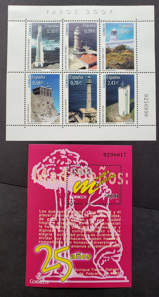 Lot 277 Spain SC#3488/3518 2007 Madrid Movement / Lighthouses Issues, A VFNH Souvenir Sheet And Block Of 6, Click on Listing to See ALL Pictures, 2017 Scott Classic Cat. $14.35