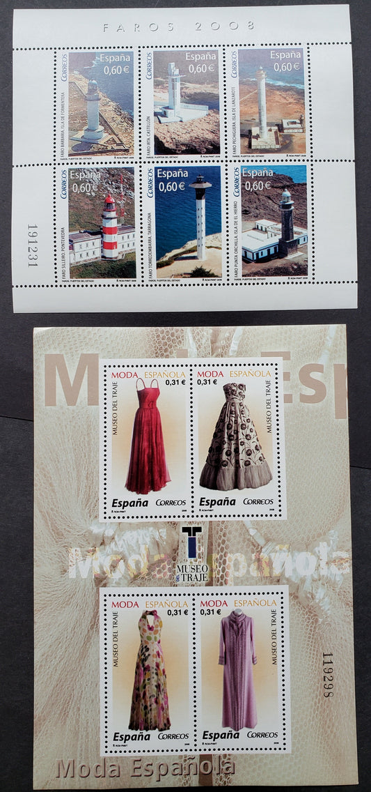 Lot 282 Spain SC#3595/3606 2008 Lighthouses / Women's Clothing Issues, A VFNH Sheet Of 6 And A Sheet Of 4, Click on Listing to See ALL Pictures, 2017 Scott Classic Cat. $13.75