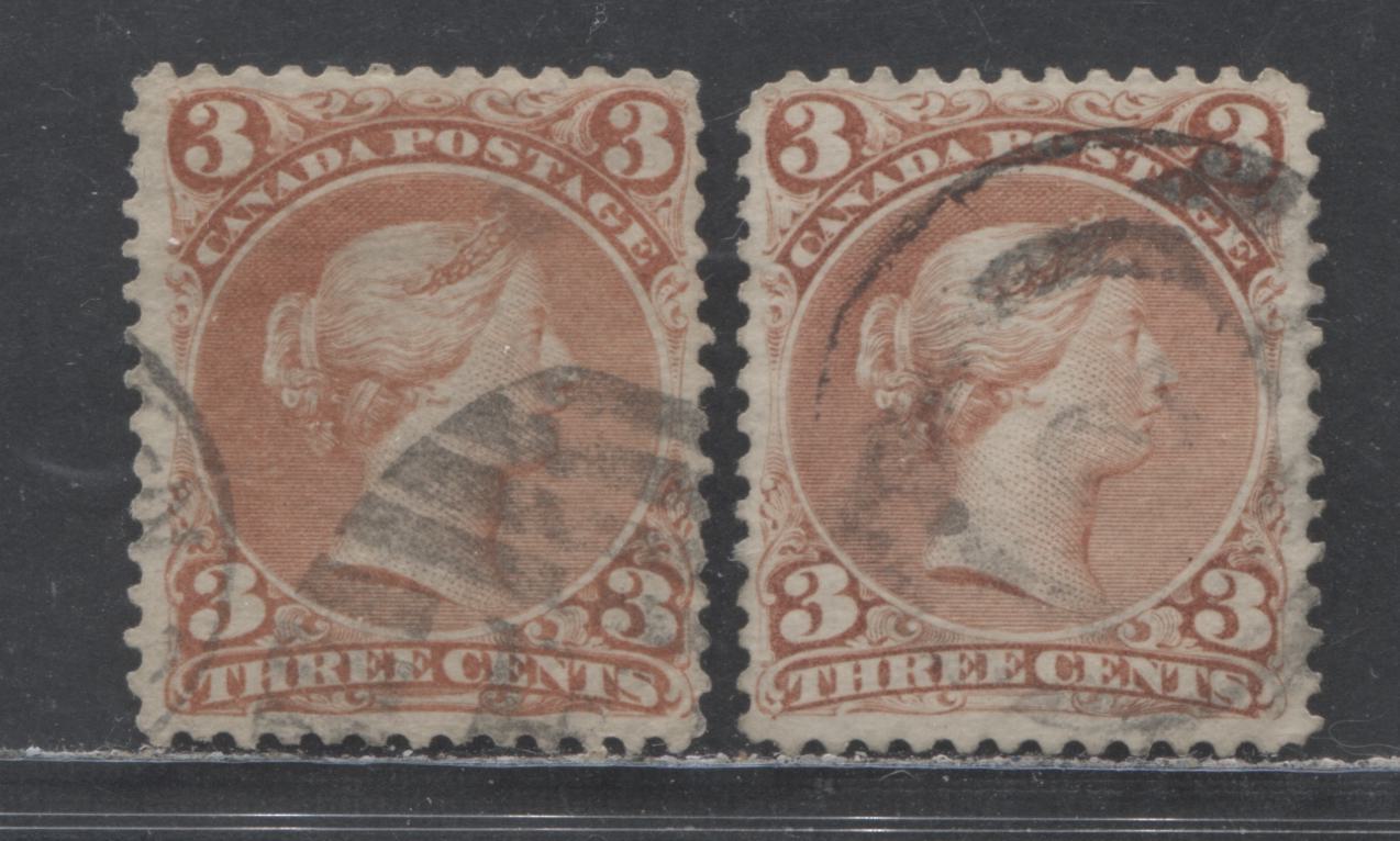 Lot 319 Canada #25 3c Red & Deep Red Queen Victoria, 1868-1897 Large Queen Issue, 2 Fine Used Singles On Duckworth Papers #2, And #3