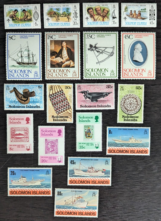 Lot 32 British Solomon Islands SC#377/424 1978-1980 Scouts Making Fire - Steel Fishery Training Ship Issues, 19 VFOG Singles, Click on Listing to See ALL Pictures, 2017 Scott Cat. $7.85