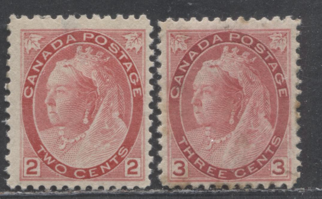 Lot 330 Canada #77-78 2c-3c Carmine Rose Queen Victoria, 1898-1902  Numeral Issue, 2 Fine Disturbed OG & Good OG Singles Die 1 On the 2c, Fine Appearance, But Deep Thin On 2c and Gum Soaks On 3c