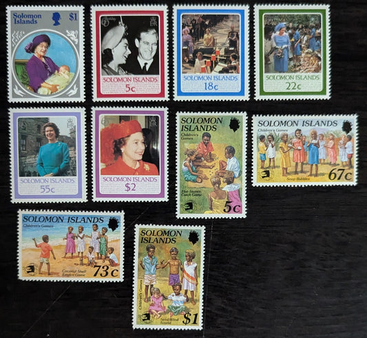 Lot 33 British Solomon Islands SC#546/651 1985-1989 Queen Mother 85th Birthday - Blowing Soap Bubbles Issues, 10 VFOG/NH Singles, Click on Listing to See ALL Pictures, 2017 Scott Cat. $10.9