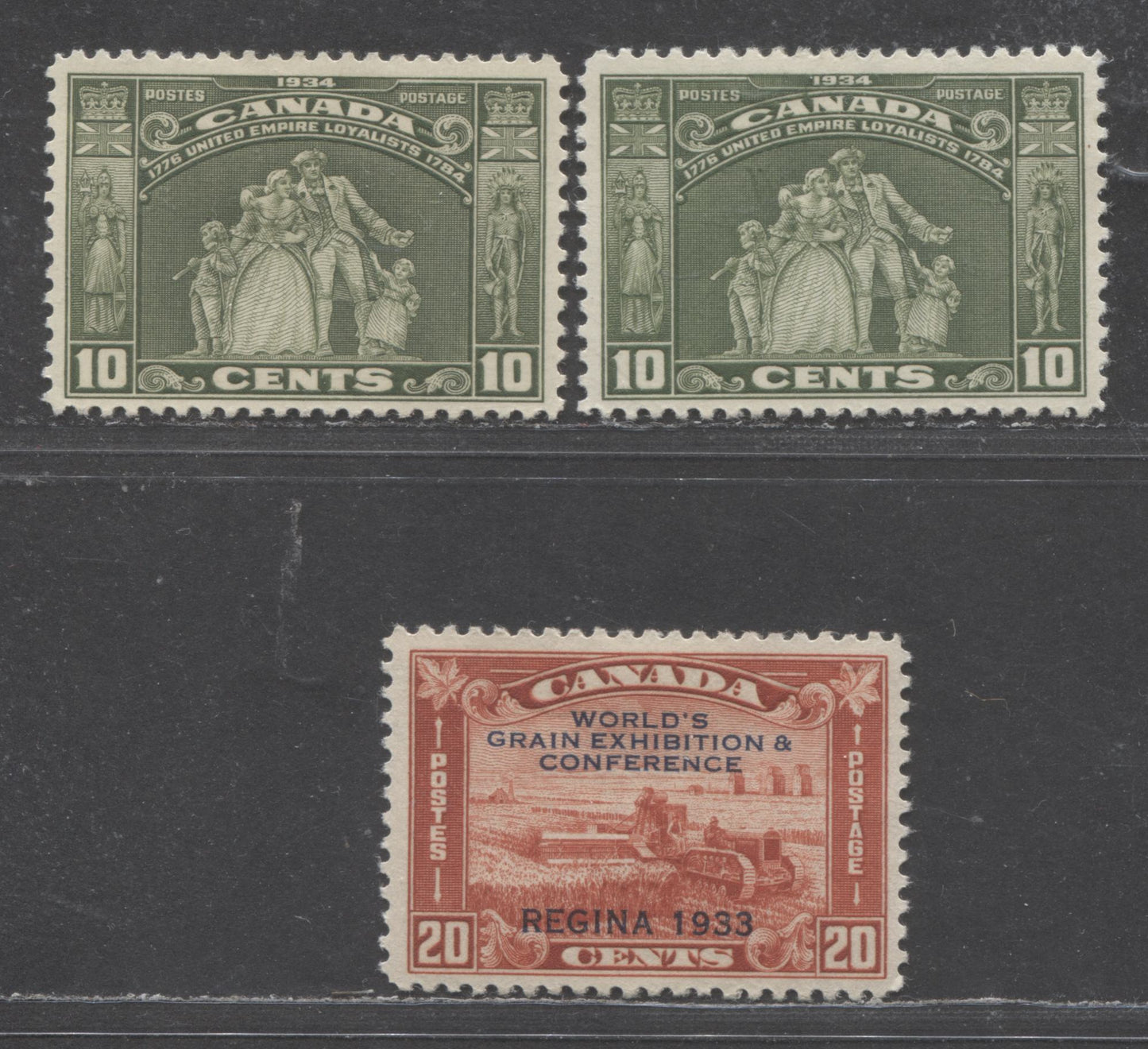 Canada #209 10c Greyish Olive Green & Olive Green Loyalists Statue, 1934 United Empire Loyalists Issue, 2 VFOG Singles