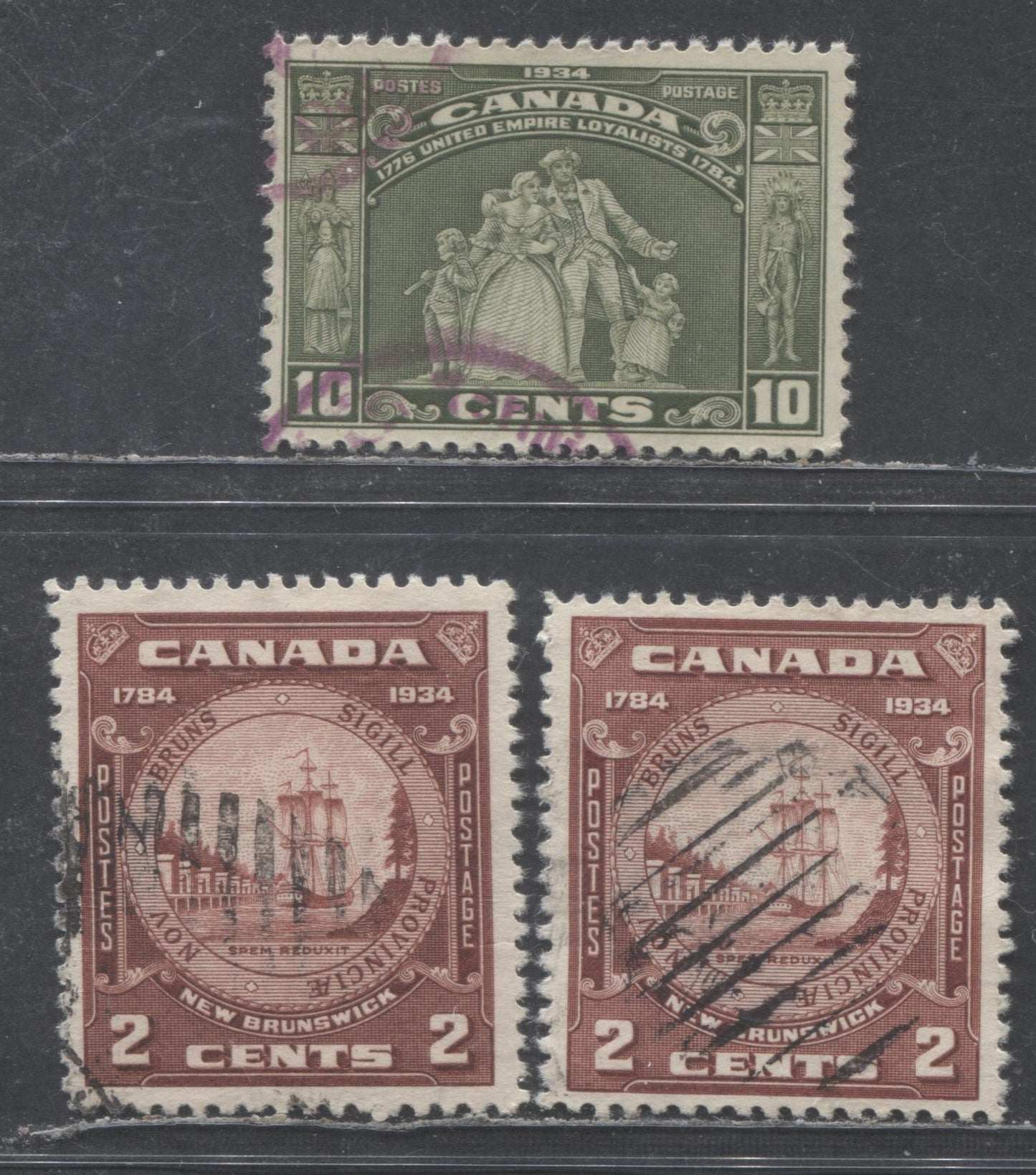Canada #209-210 2c & 10c Red Brown, Deep Red Brown & Greyish Olive Green Loyalists Statue & NB Seal, 1934 United Empire Loyalists & Founding Of NB Issues, 3 VF Used Singles