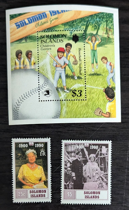 Lot 36 British Solomon Islands SC#652/672 1989-1990 Children's Games - Queen Mother 90th Birthday Issues, 3 VFNH Singles & Souvenir Sheet, Click on Listing to See ALL Pictures, 2017 Scott Cat. $16