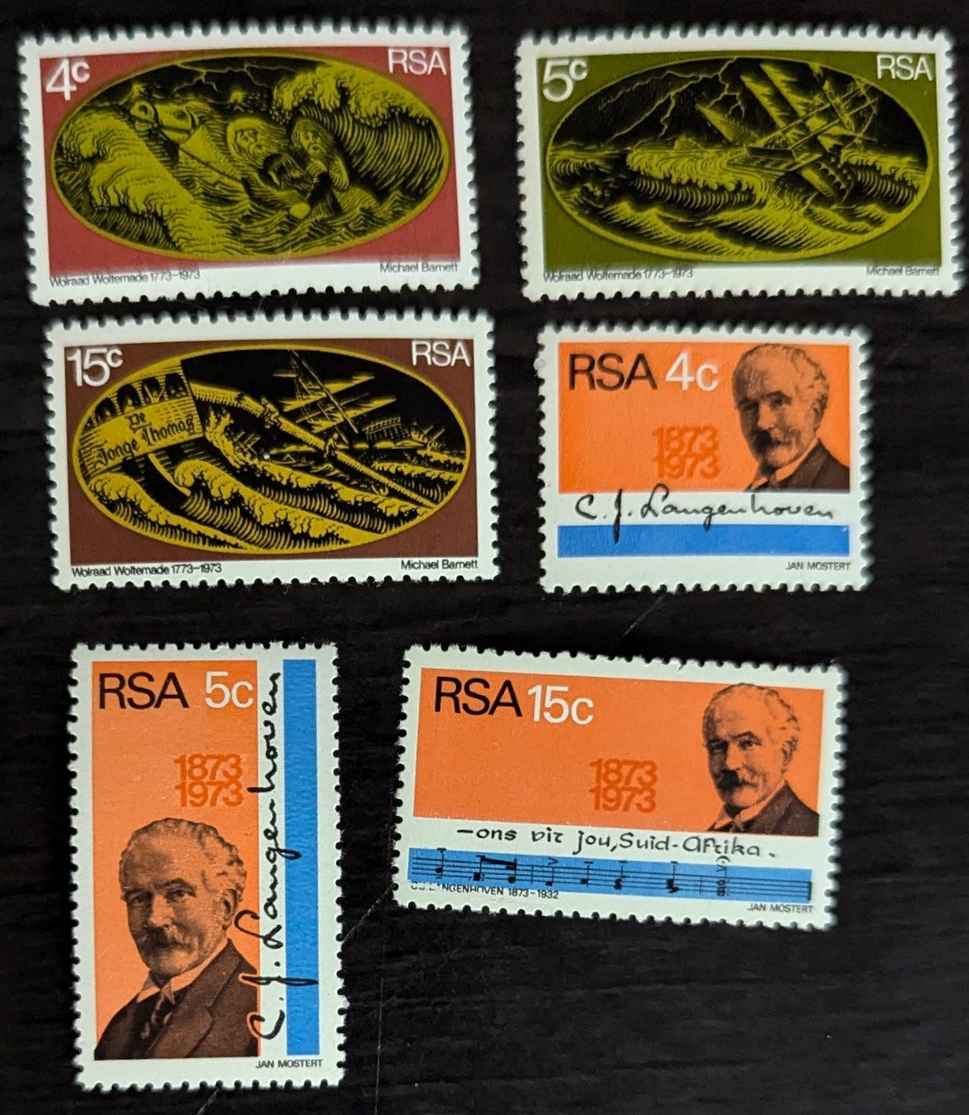 Lot 40 South Africa SC#392-397 1973 Bicentenary of Wolraad Woltemade's Heroism - Cornelis Jacob Langenhoven Issues, 6 VFNH Singles, Click on Listing to See ALL Pictures, 2017 Scott Cat. $12.35