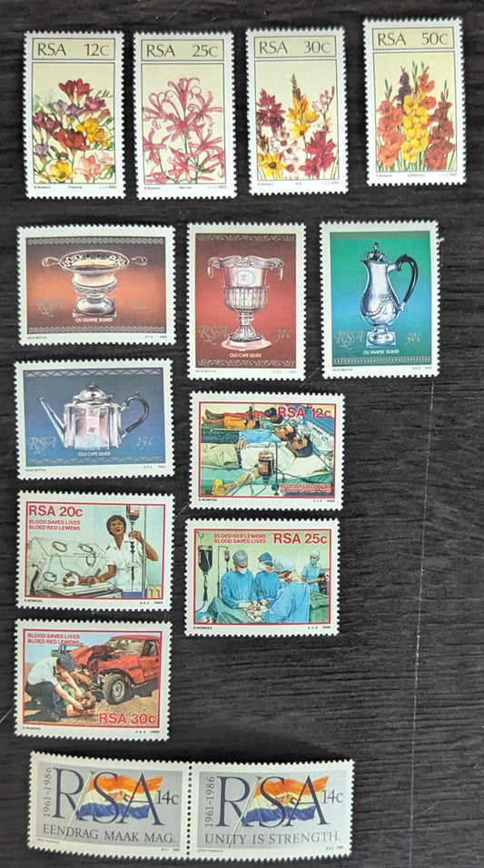 Lot 48 South Africa SC#656-669a 1985-1986 Indigenous Flowers - Republic of South Africa, 25th Anniv Issues, 13 VFOG Singles & Pair, Click on Listing to See ALL Pictures, 2017 Scott Cat. $8.75