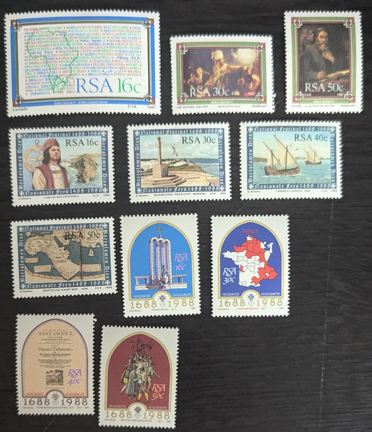 Lot 51 South Africa SC#702-713 1987-1988 Bible Society - French Huguenot Settlement of the Cape, 300th Anniv Issues, 11 VFOG Singles, Click on Listing to See ALL Pictures, 2017 Scott Cat. $10.25