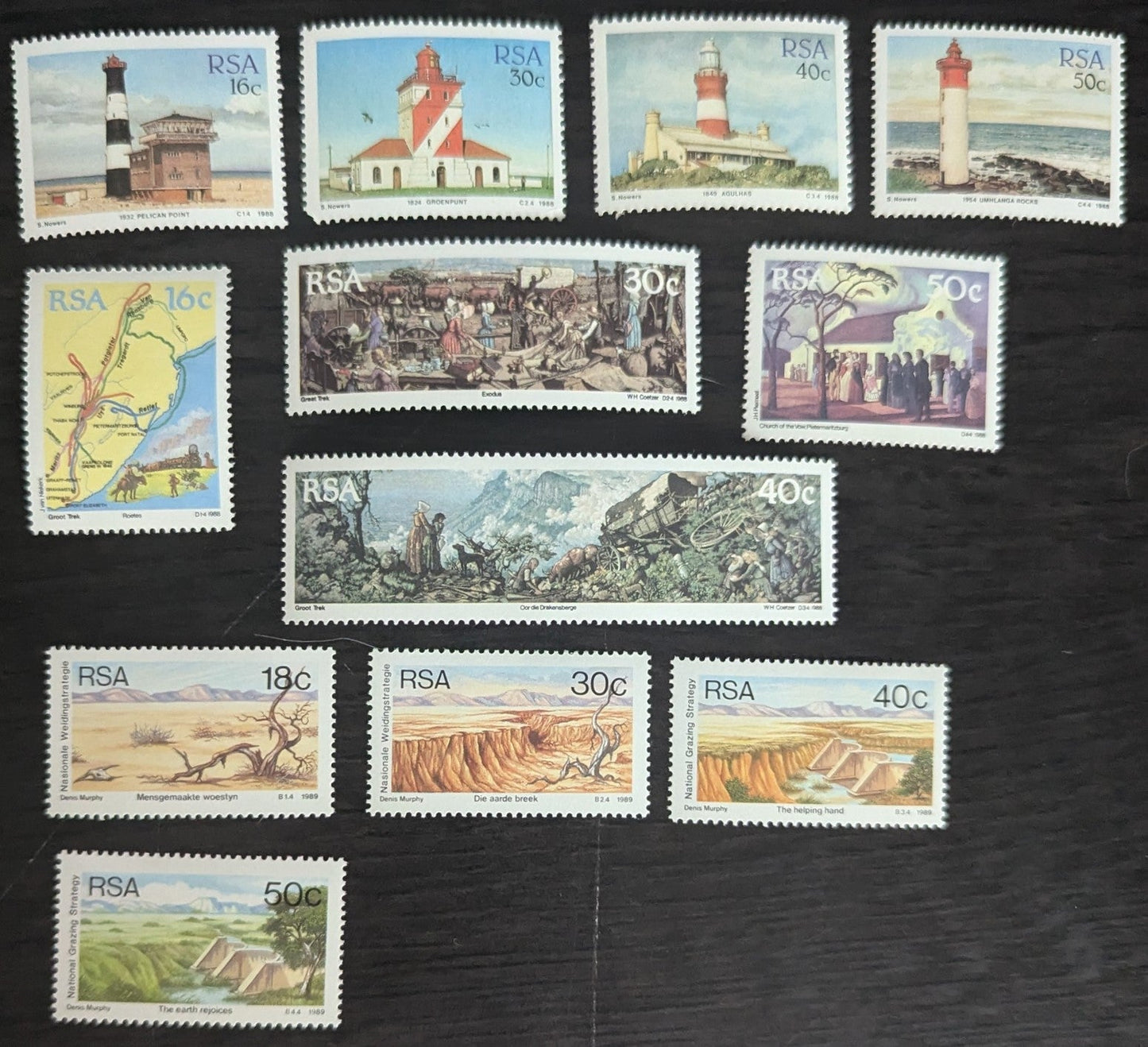 Lot 54 South Africa SC#714/769 1988-1989 Lighthouses - Soil Conservation Campaign of the Nat'l Grazing Strategy issues, 12 VFOG Singles, Click on Listing to See ALL Pictures, 2017 Scott Cat. $14.3