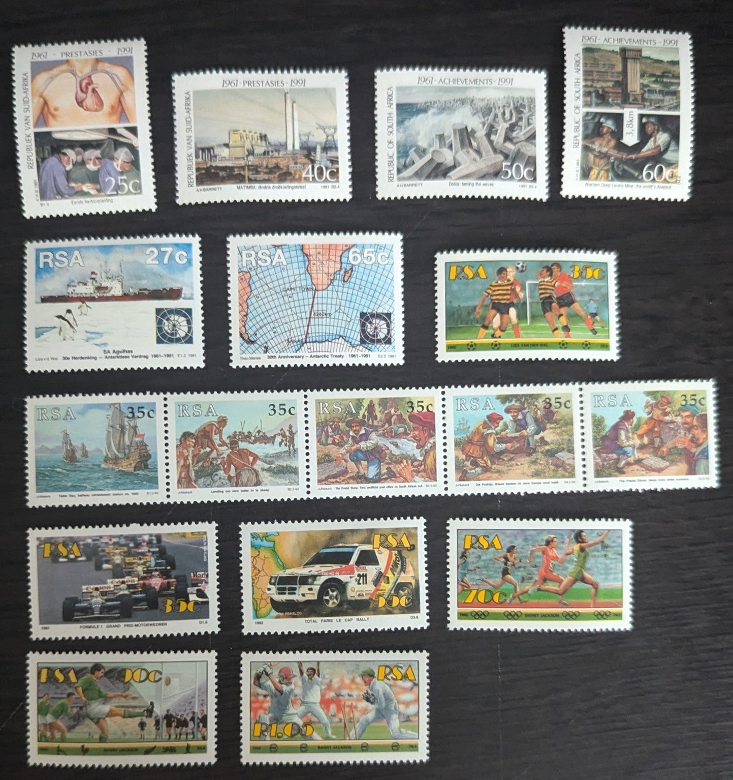 Lot 60 South Africa SC#803/839 1991-1992 Achievements - Sports Issues, 13 VFOG Singles & Strip of 5, Click on Listing to See ALL Pictures, 2017 Scott Cat. $13.2