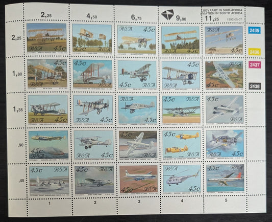 Lot 62 South Africa SC#849 45c Multicolored 1993 Aircraft Issue, A VFNH Miniature Sheet Of 25, Click on Listing to See ALL Pictures, 2017 Scott Cat. $18