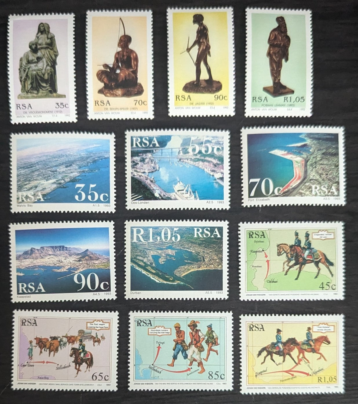 Lot 63 South Africa SC#840/871 1992-1993 Sculptures - First Postal Services in South Africa, 190th Anniv Issues, 13 VFOG Singles, Click on Listing to See ALL Pictures, 2017 Scott Cat. $11.75