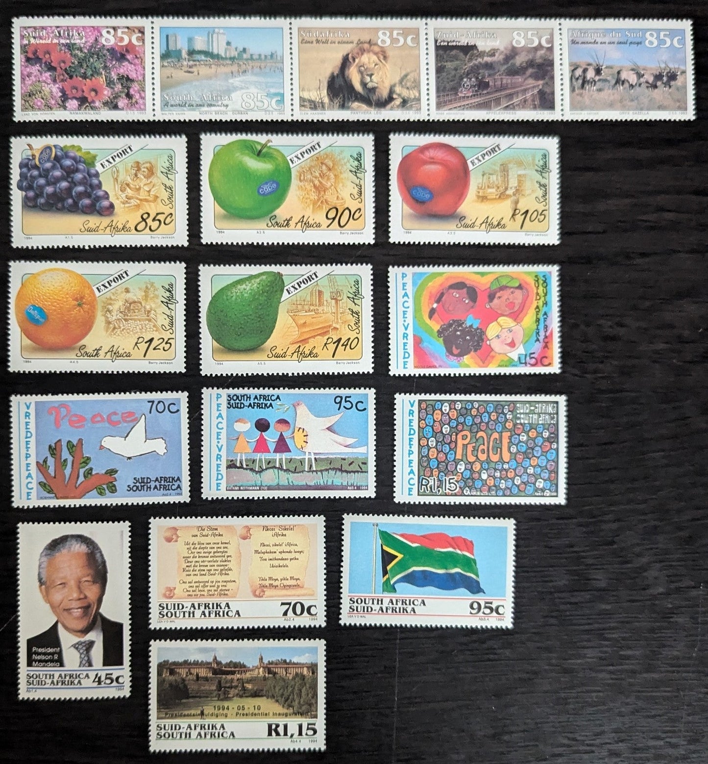 Lot 64 South Africa SC#872/885 1993-1994 Tourism - Inauguration of Pres. Nelson Mandela Issues, 14 VFOG Singles & Strip Of 5, Click on Listing to See ALL Pictures, 2017 Scott Cat. $16.15