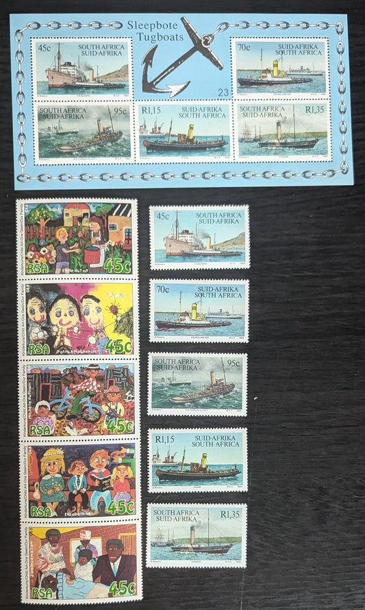 Lot 65 South Africa SC#886-891 1994 Tugboats - Our Family Issues, 7 VFOG Singles, Strip of 5 & Souvenir Sheet, Click on Listing to See ALL Pictures, 2017 Scott Cat. $12.8