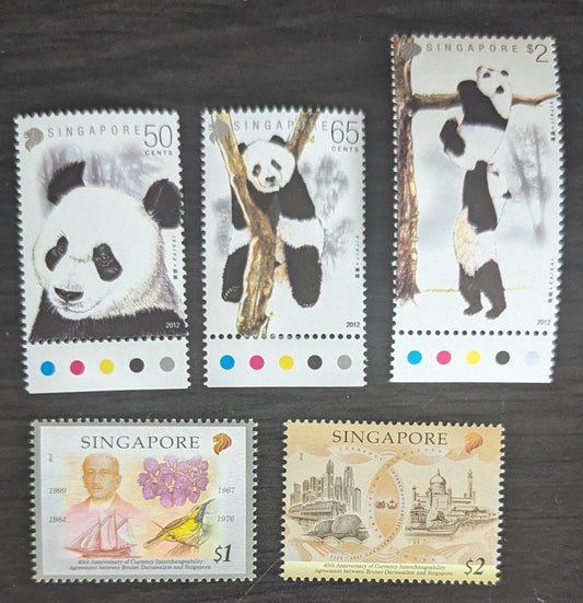 Lot 6 Singapore SC#1567/1586 2012 Giant Panda's - Currency Interchaneability Between Singapore & Brunei, 45th Anniv Issues, 5 VFNH Singles, Click on Listing to See ALL Pictures, 2017 Scott Cat. $11.25