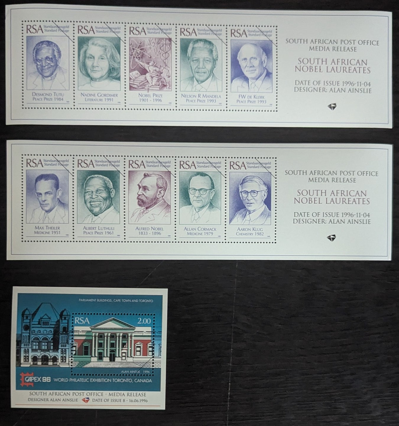 Lot 70 South Africa SC#945Avar/955f-jvar 1996 South African Media Release Sheet Issues, 3 VFNH Imperf Sheets, Click on Listing to See ALL Pictures, Estimated Value $15.25