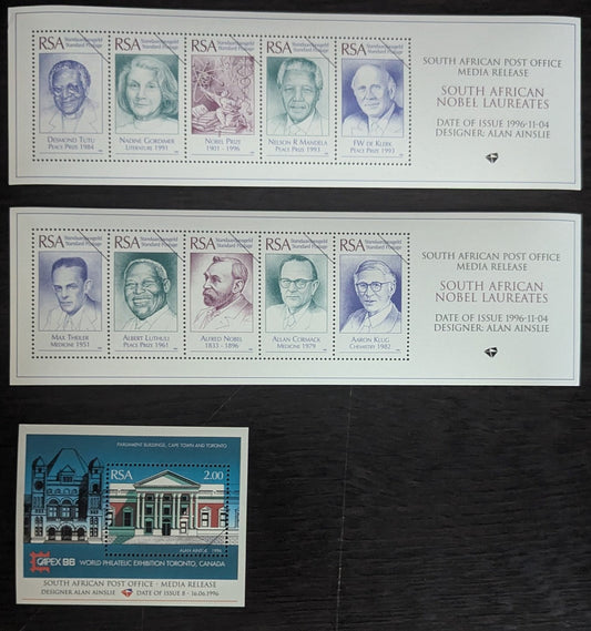 Lot 70 South Africa SC#945Avar/955f-jvar 1996 South African Media Release Sheet Issues, 3 VFNH Imperf Sheets, Click on Listing to See ALL Pictures, Estimated Value $15.25