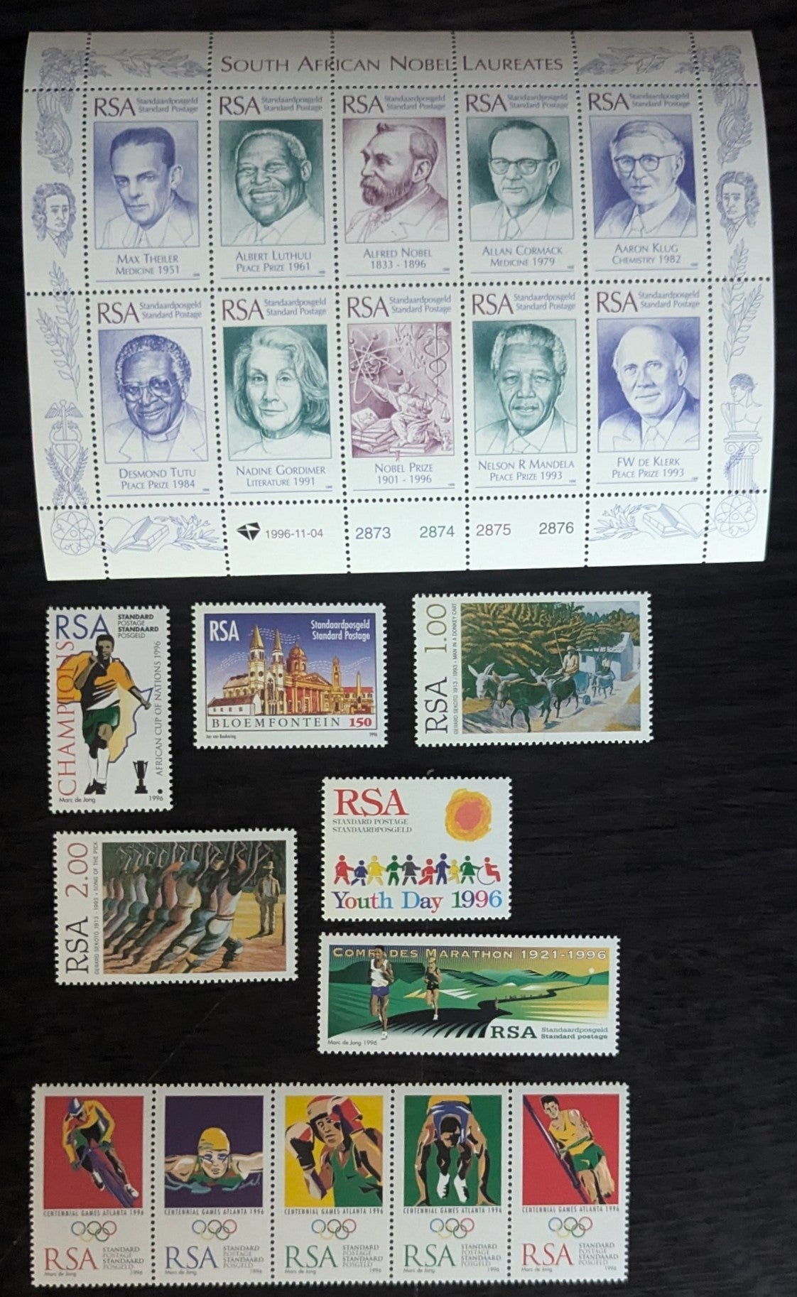 Lot 76 South Africa SC#934A/955 1996 South African Victory in African Nations Soccer Championship - South African Nobel Laureates Issues, 8 VFNH Singles, Strip of 5 & Souvenir Sheet, 2017 Scott Cat. $11.5