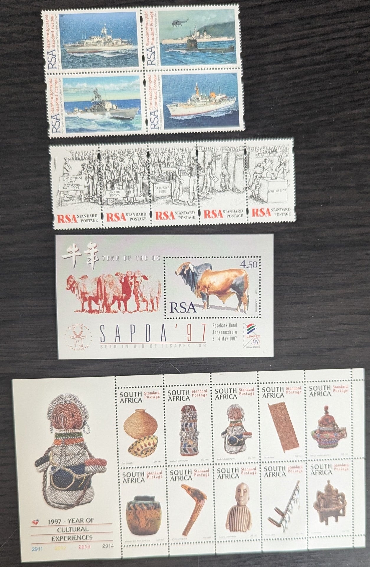 Lot 78 South Africa SC#967a/982a 1997 South African Navy, 75th Anniv - Cultural Artifacts Issues, 4 VFNH Souvenir Sheets, Block of 4 & Strip of 5, Click on Listing to See ALL Pictures, 2017 Scott Cat. $12.15