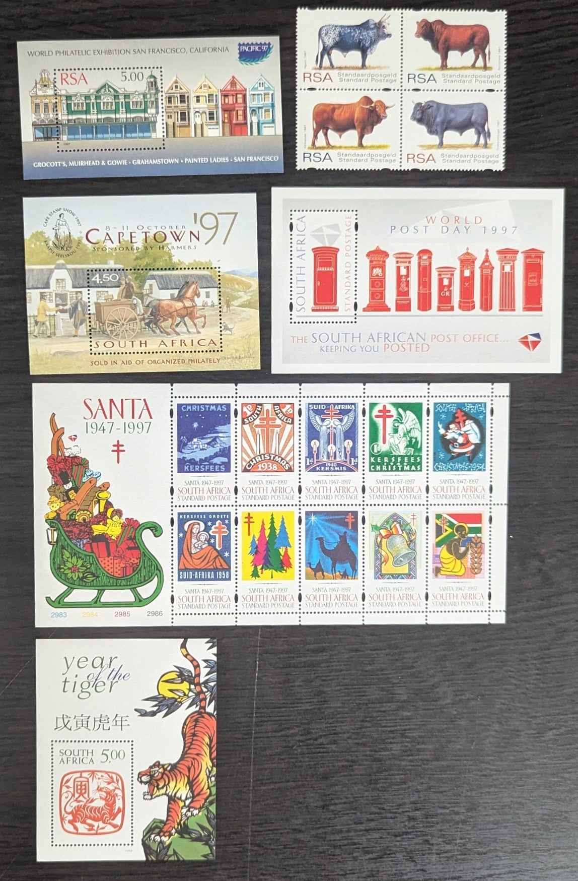 Lot 79 South Africa SC#993/1020 1997-1998 Pacific '97 - New years (tiger) Issues, 6 VFNH Souvenir Sheets, Click on Listing to See ALL Pictures, 2017 Scott Cat. $14.75