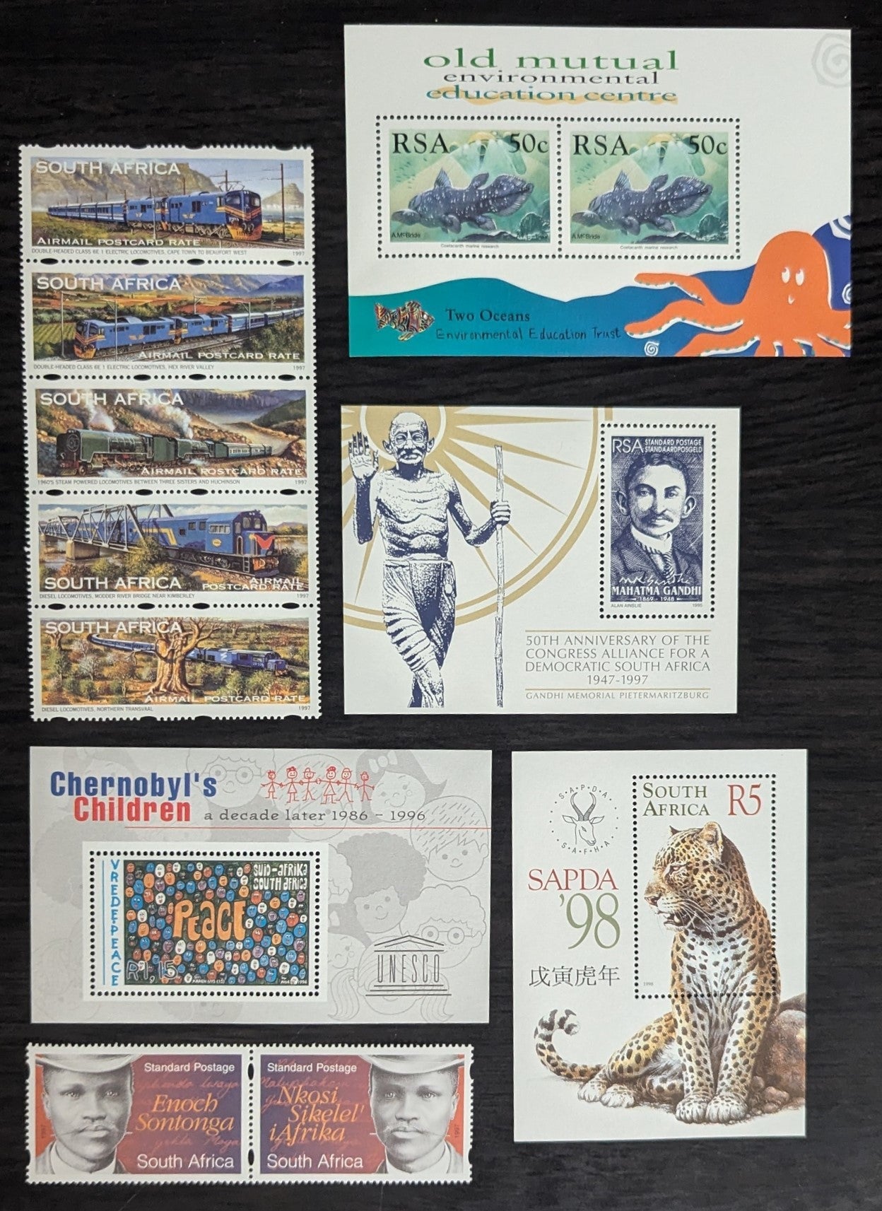 Lot 80 South Africa SC#765b/C11a 1997-1998 Old Mutual Environmental Education Center - Inauguaration of Blue Train Airmail Issues, 6 VFNH Souvenir Sheets, Pair & Strip of 5, Click on Listing to See ALL Pictures, 2017 Scott Cat. $12.5