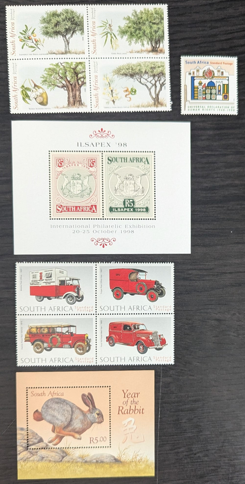 Lot 82 South Africa SC#1078a/1101 1998-1999 Nat'l Arbor Week - New Years (Rabbit) Issues, 5 VFNH Single & Souvenir Sheets, 2017 Scott Cat. $13.5