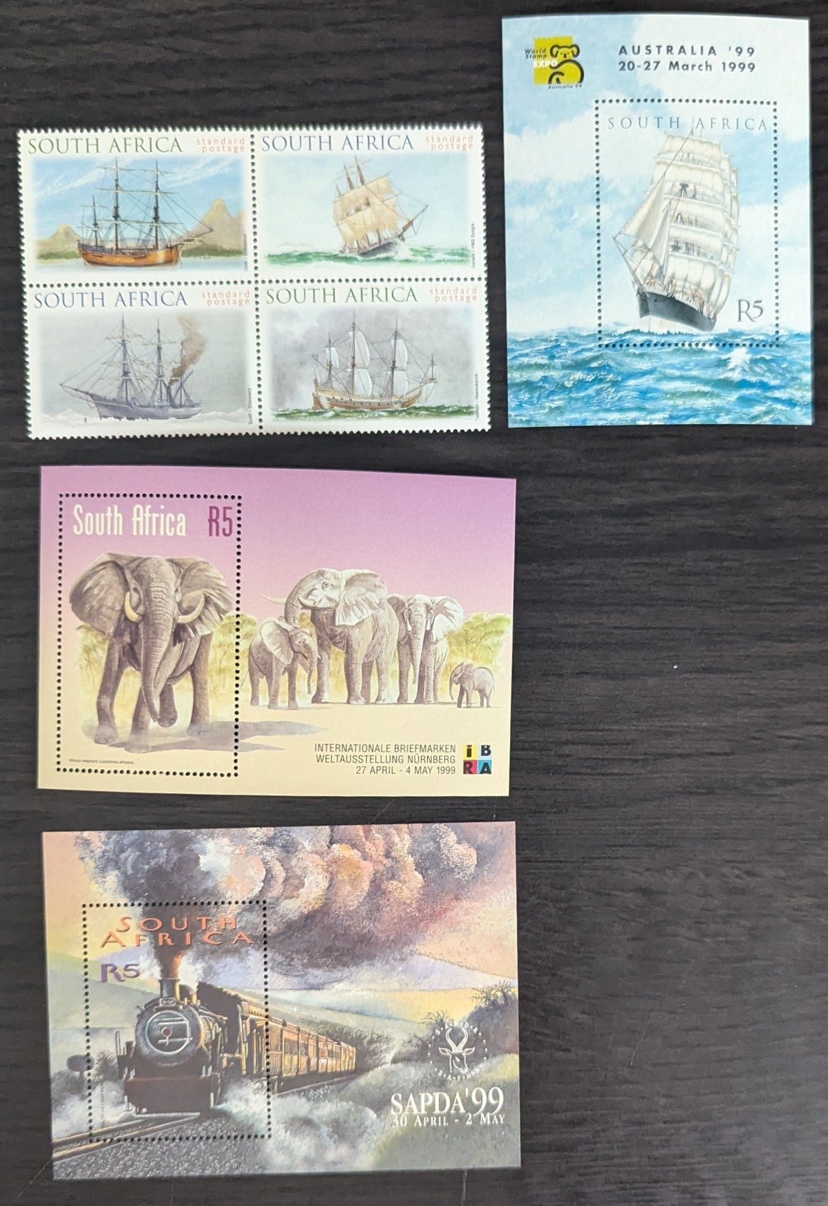 Lot 83 South Africa SC#1105a/1110 1999 Ships Of The Southern Oceans - SAPDA, '1999 Johannesburg Issues, 4 VFNH Souvenir Sheets, Click on Listing to See ALL Pictures, 2017 Scott Cat. $11