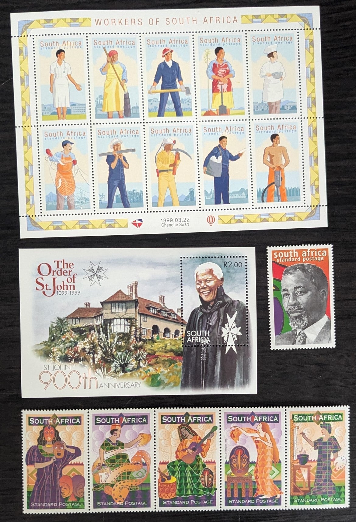 Lot 84 South Africa SC#1120a-1127a 1999 Labor Day - Standard Bank Arts Festival, 25th Anniv Issues, 4 VFNH Single,Souvenir Sheets & Strip Of 5, Click on Listing to See ALL Pictures, 2017 Scott Cat. $14