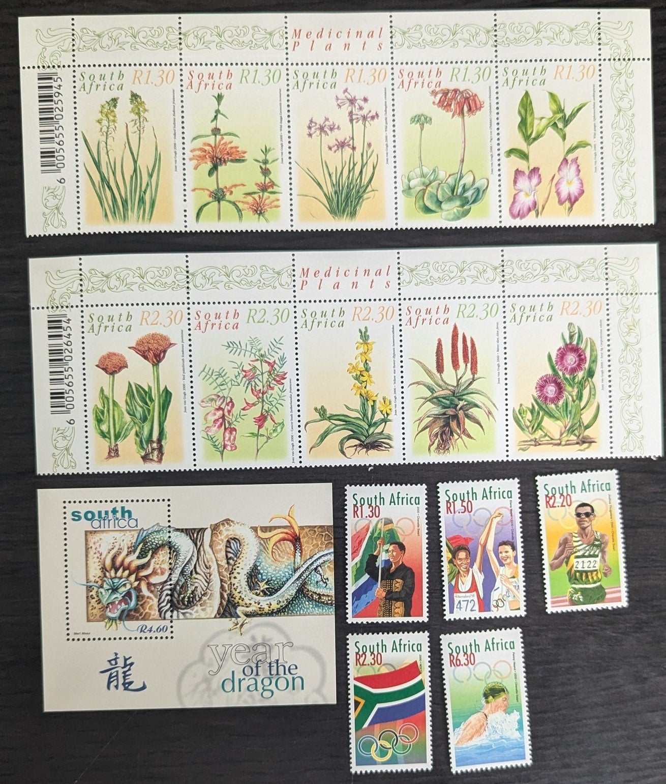 Lot 87 South Africa SC#1158/1170 2000 Medicinal Plants - Year of the Dragon Issues, 8 VFNH Singles, Strips Of 5 & Souvenir Sheet, Click on Listing to See ALL Pictures, 2017 Scott Cat. $13.6