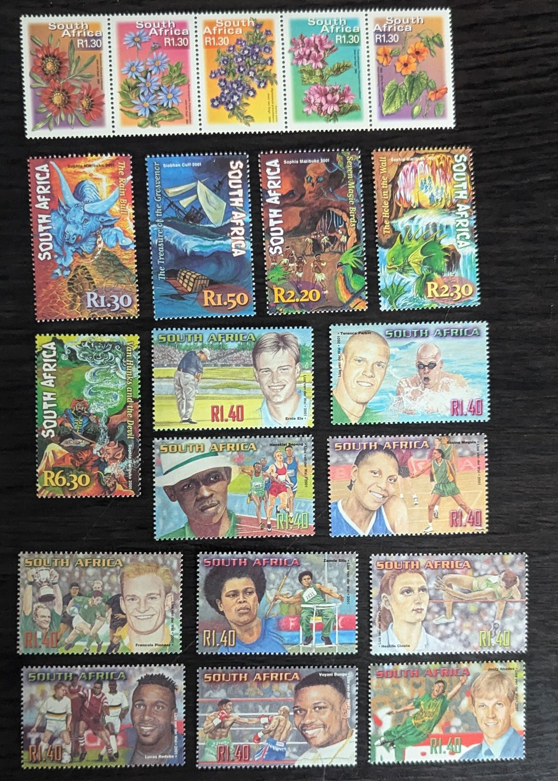 Lot 88 South Africa SC#1188a/1251 2000-2001 Fauna & Flora - Sports Stars Issues, 16 VFNH Singles & Strip Of 5, Click on Listing to See ALL Pictures, 2017 Scott Cat. $13