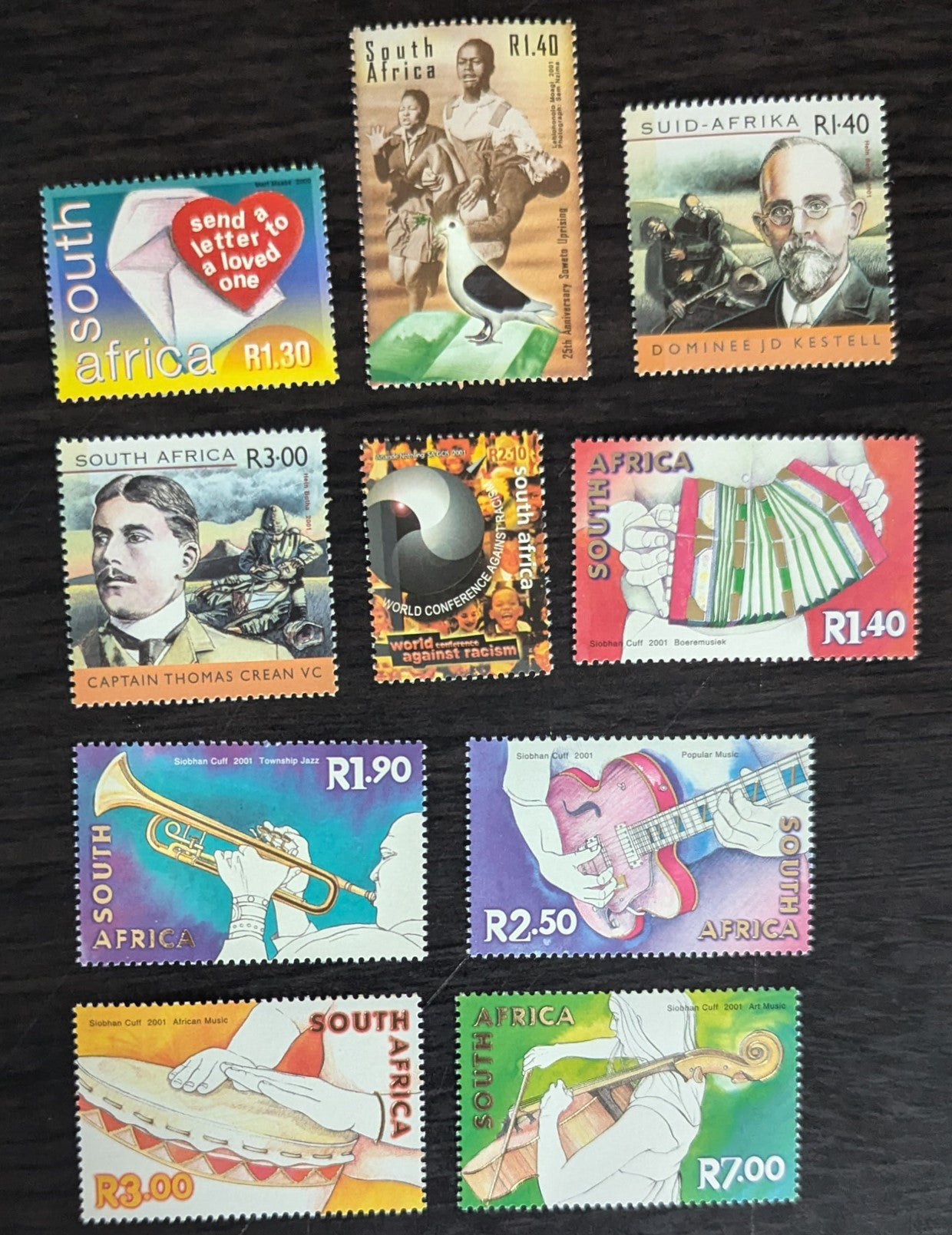 Lot 90 South Africa SC#1169/1267 2000-2001 World Post Day - Musical Instruments Issues, 10 VFNH Singles, Click on Listing to See ALL Pictures, 2017 Scott Cat. $9.2