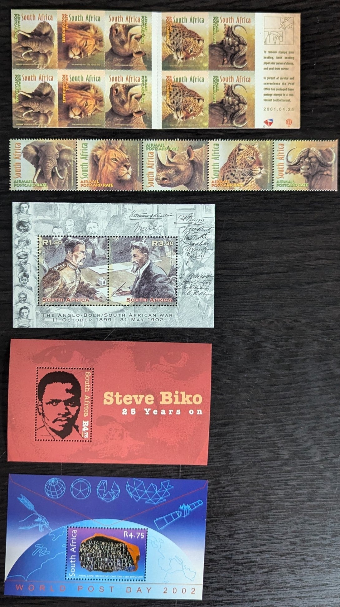 Lot 93 South Africa SC#1036a/1296 1999-2002 Fauna (Big 5) - World Post Day Issues, 5 VFNH Strip Of 5, Booklet Of 10 & Souvenir Sheets, Click on Listing to See ALL Pictures, 2017 Scott Cat. $12.25